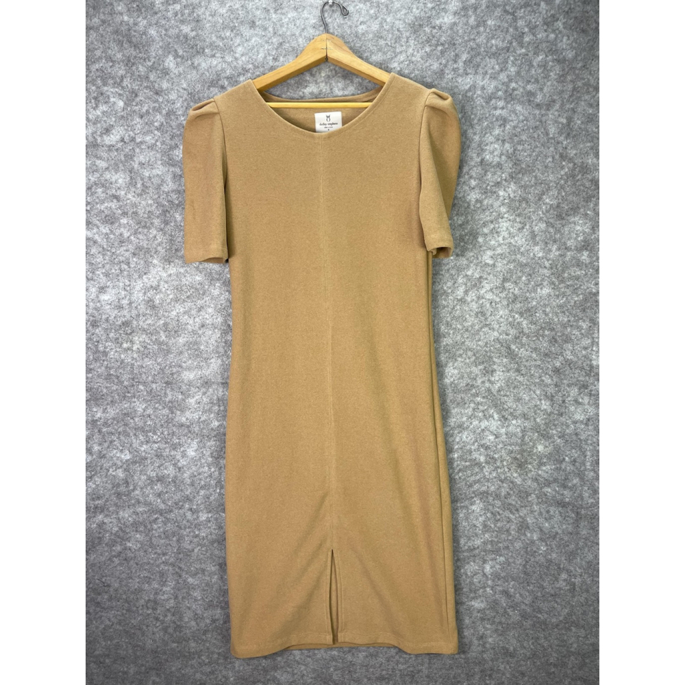 Dudley Stephens Sweater Dress Womens Small Beige Fleece Puff Sleeve Midi Work